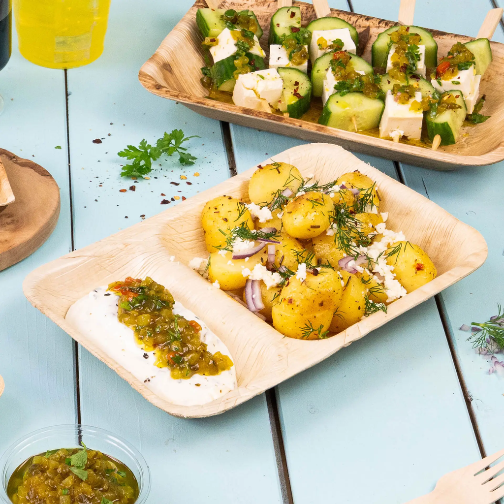 Palmblad bord 25x15 cm, 2-vaks, 3 cm diep, rechthoekig — hét festival & food truck bord